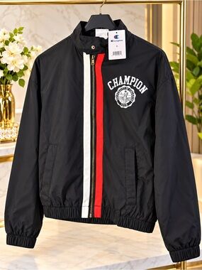 Champion Black Windbreaker with Red & White Center Stripe